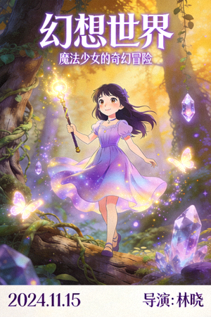 动漫电影《幻想世界》海报 - 魔法少女在奇幻森林中冒险