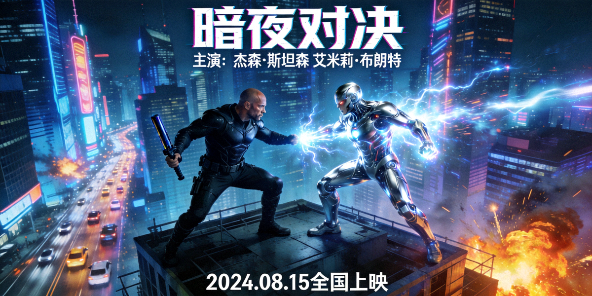 热门动作电影巨幕海报 - 城市夜景中的英雄与反派对决场景